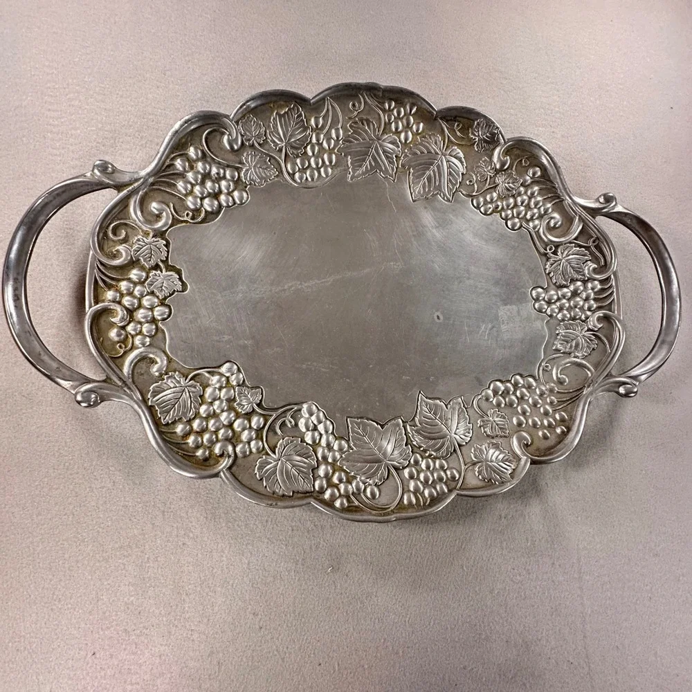 Vintage Lenox Silver Tone Metal Grape Leaf Embossed Oval Serving Tray w/ Handles